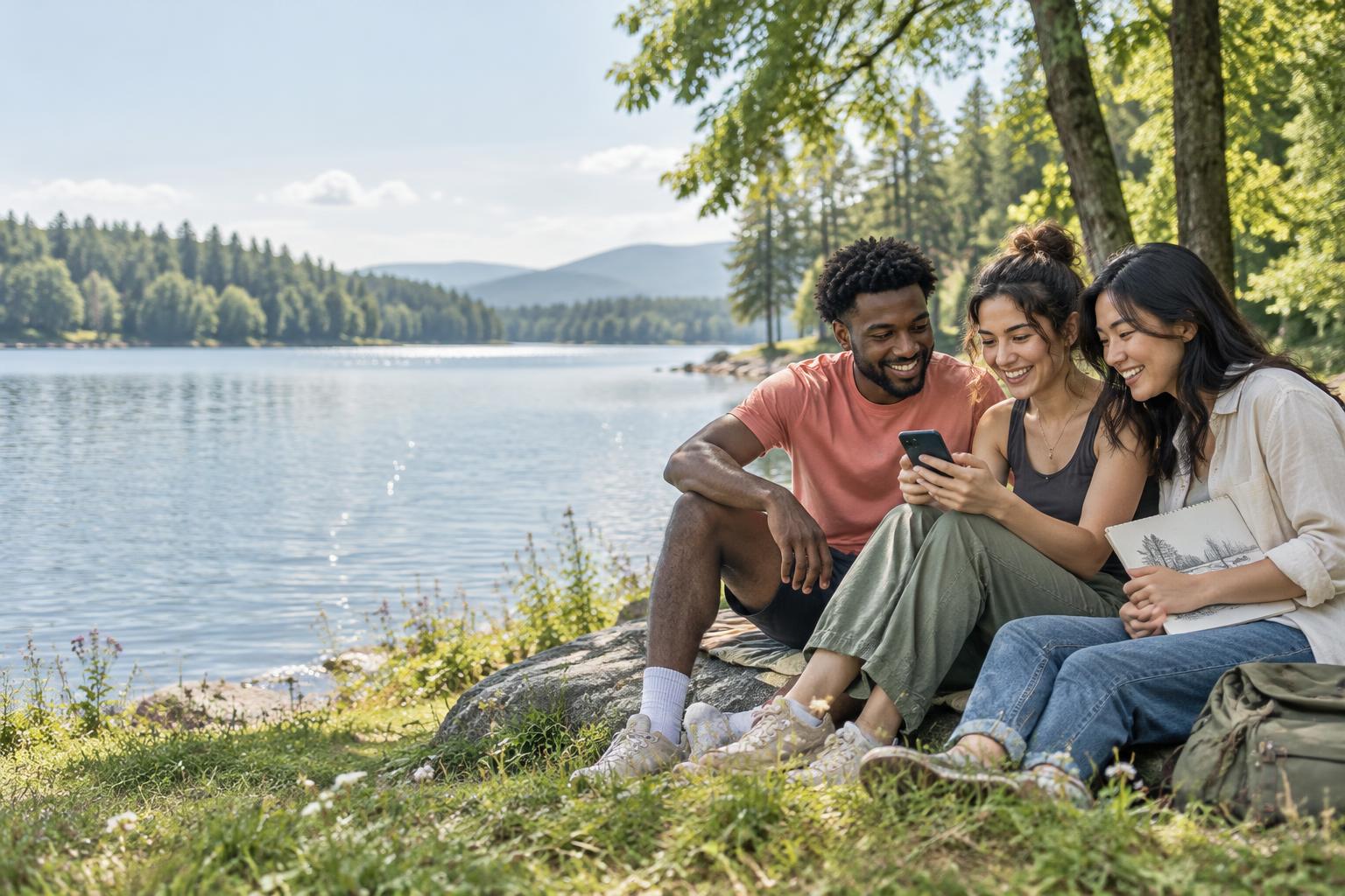 Friends sharing a photo and a quiet moment together beside a lake